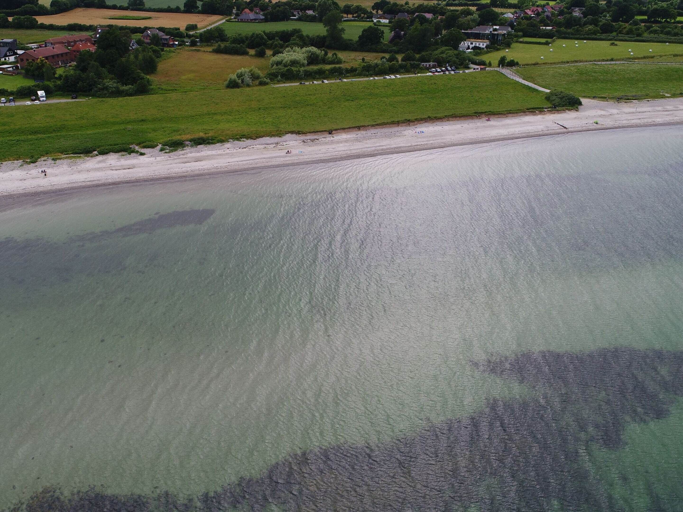An aerial view of a coastal area with a sandy beach, green fields, and scattered houses.