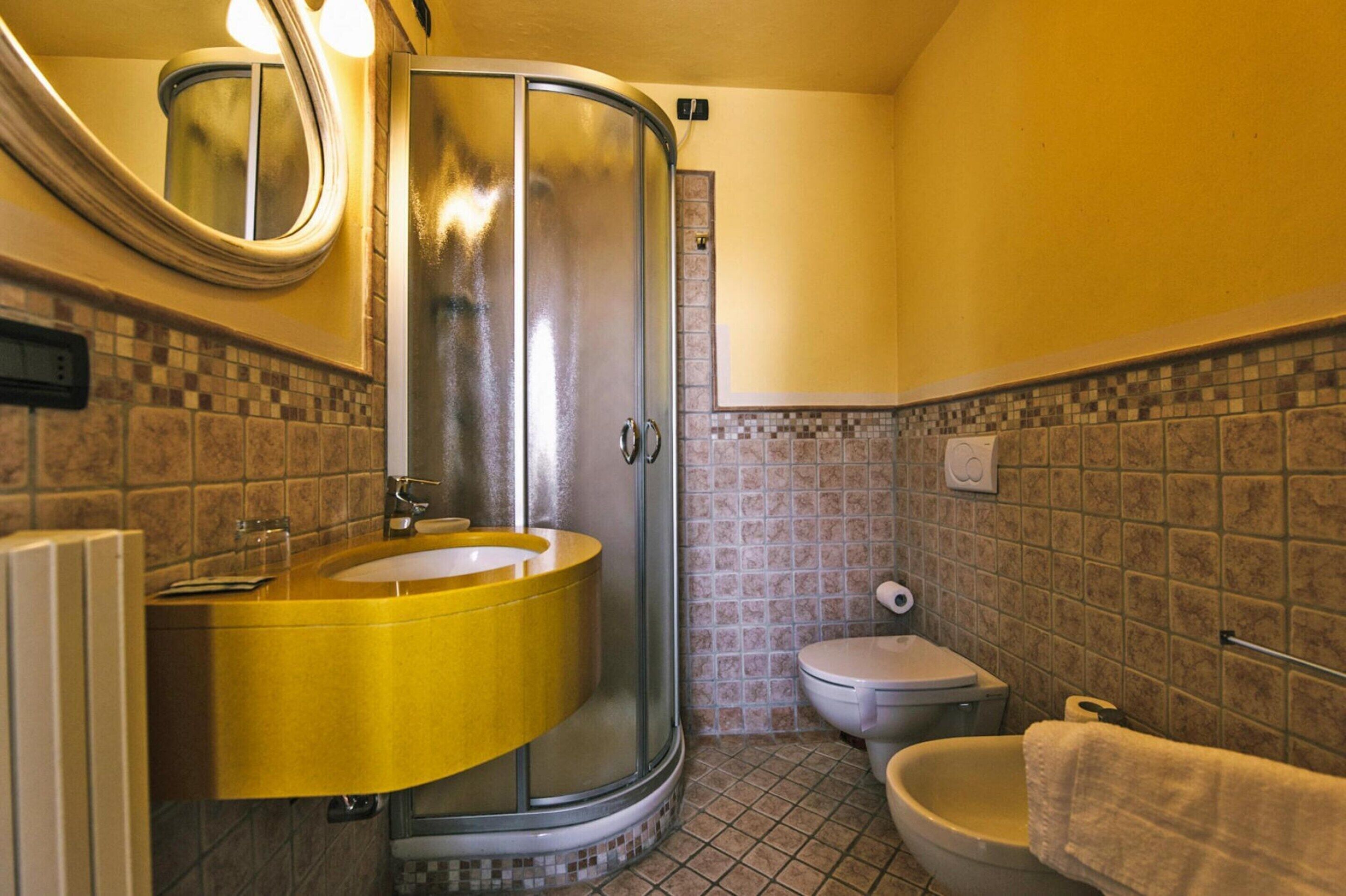 Un bagno con cabina doccia, un water e un lavabo con specchio.