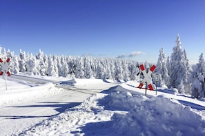 A snow-covered railway crossing with barriers and a speed limit sign. - Semi-detached Houses, Turf House (Clausthal-Zellerfeld)