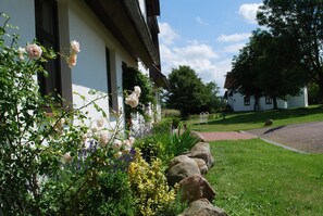 A building with a white facade and dark trim, surrounded by a well-maintained garden with various plants and flowers. - Grosses Landhaus mit Swimmingpool in Dargun (Dargun)