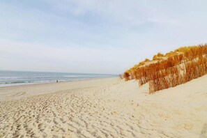 A sandy beach with a dune on the right and the ocean in the background.