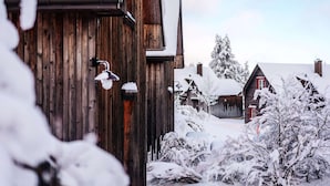 Puinen rakennus, jonka katto on lumen peitossa ja jossa on näkyvissä oleva savupiippu.