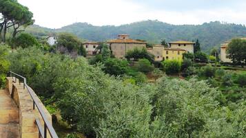 A rural village with stone buildings surrounded by lush greenery and hills in the background.