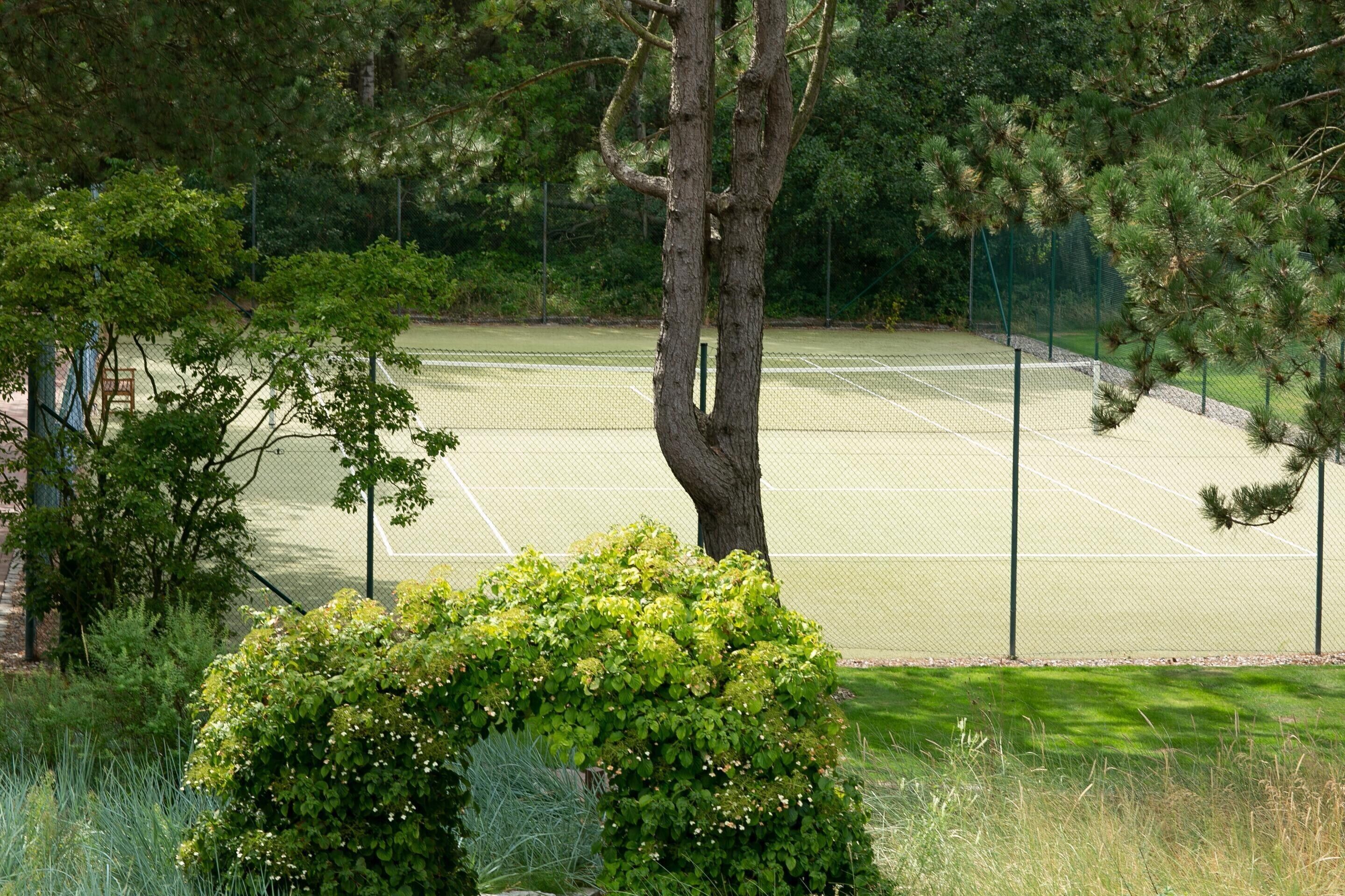 Una cancha de tenis rodeada de árboles y un césped cuidado.