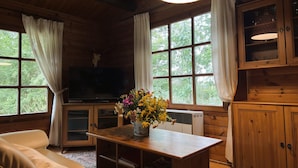 Interior acogedor de una cabaña con techo de madera, un televisor en un mueble bajo, una mesa con un jarrón de flores y ventanas grandes con cortinas.