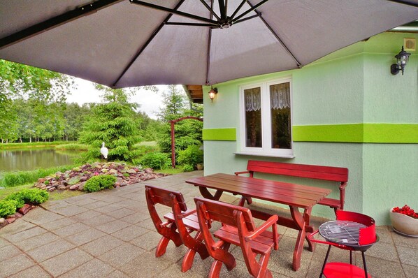 Un espace patio avec une table et des chaises en bois, un barbecue et une vue sur un étang.