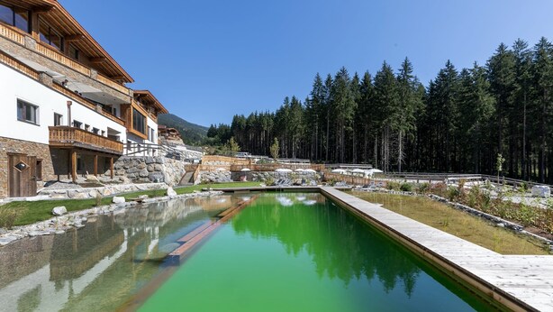 Ein modernes Gebäude mit Pool, Steinstufen und einem bewaldeten Berg im Hintergrund.