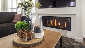 A modern living room with a fireplace, a sofa, and decorative items on a coffee table. - Luxury Villa With a Sauna, at the Tjeukemeer (Delfstrahuizen)