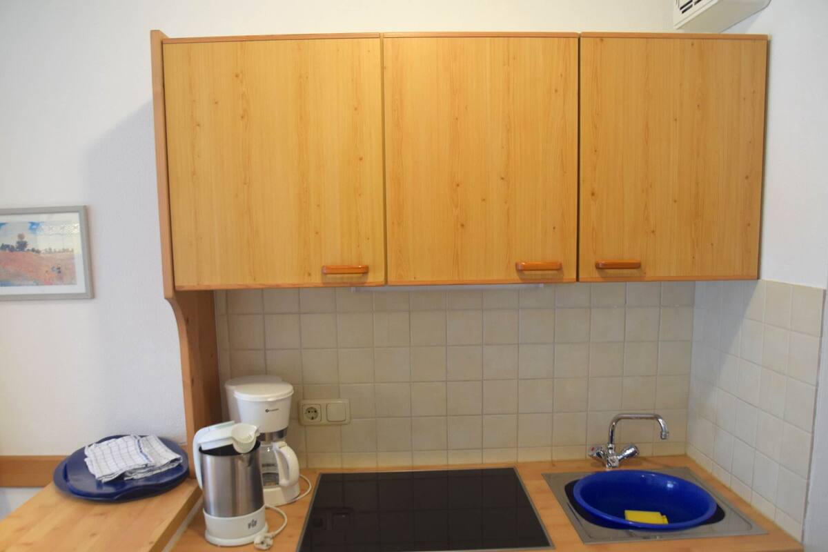 Una cocina con armarios de madera, una placa de inducción negra, un fregadero con lavabo azul y una cafetera.