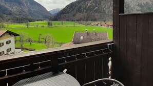 A view from a balcony overlooking a green valley with mountains in the background. - Lush Apartment in Bayrischzell With 2 Saunas (Bayrischzell)