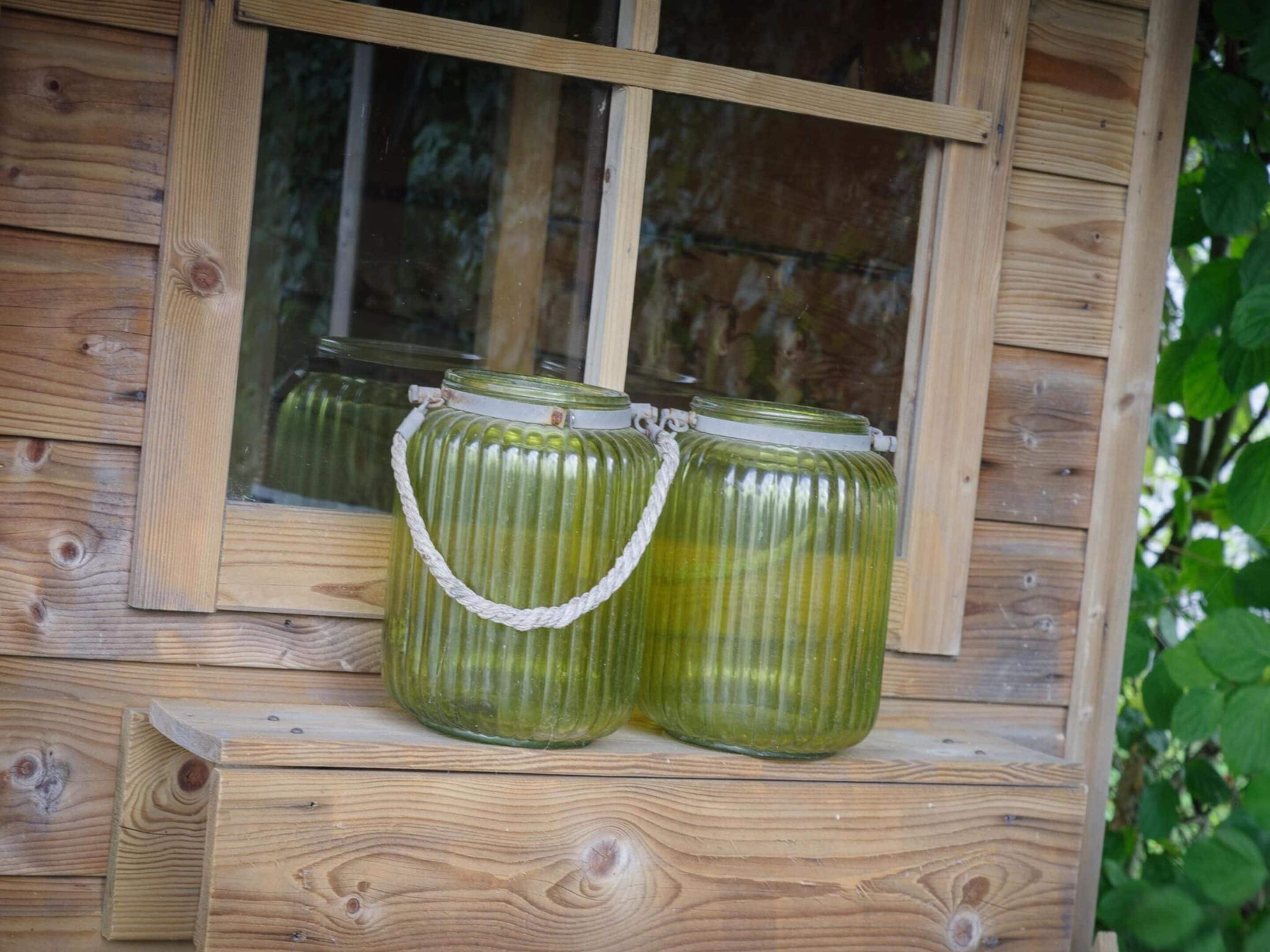 Two glass jars with handles on a wooden shelf.