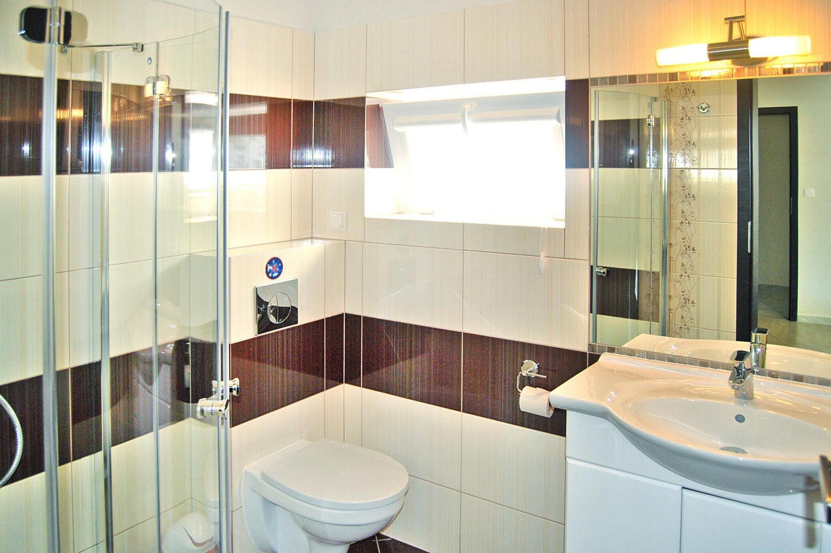 A modern bathroom with a glass shower enclosure, a white toilet, and a sink with a mirror above it.