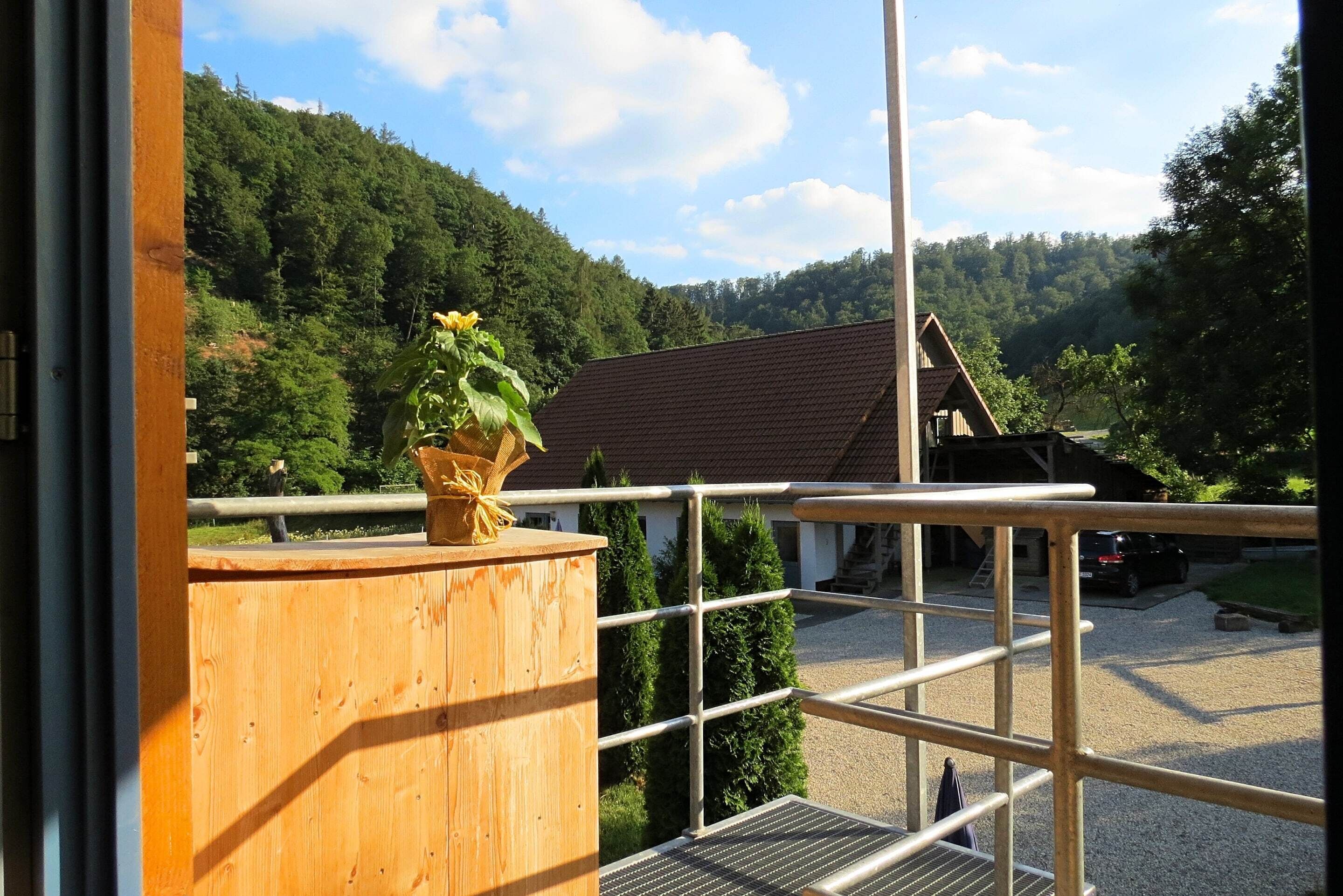 A wooden deck with a railing, a potted plant, and a view of a building and forested hills in the background.