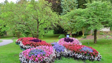 A garden with flower beds in various colors, surrounded by trees and a pathway.
