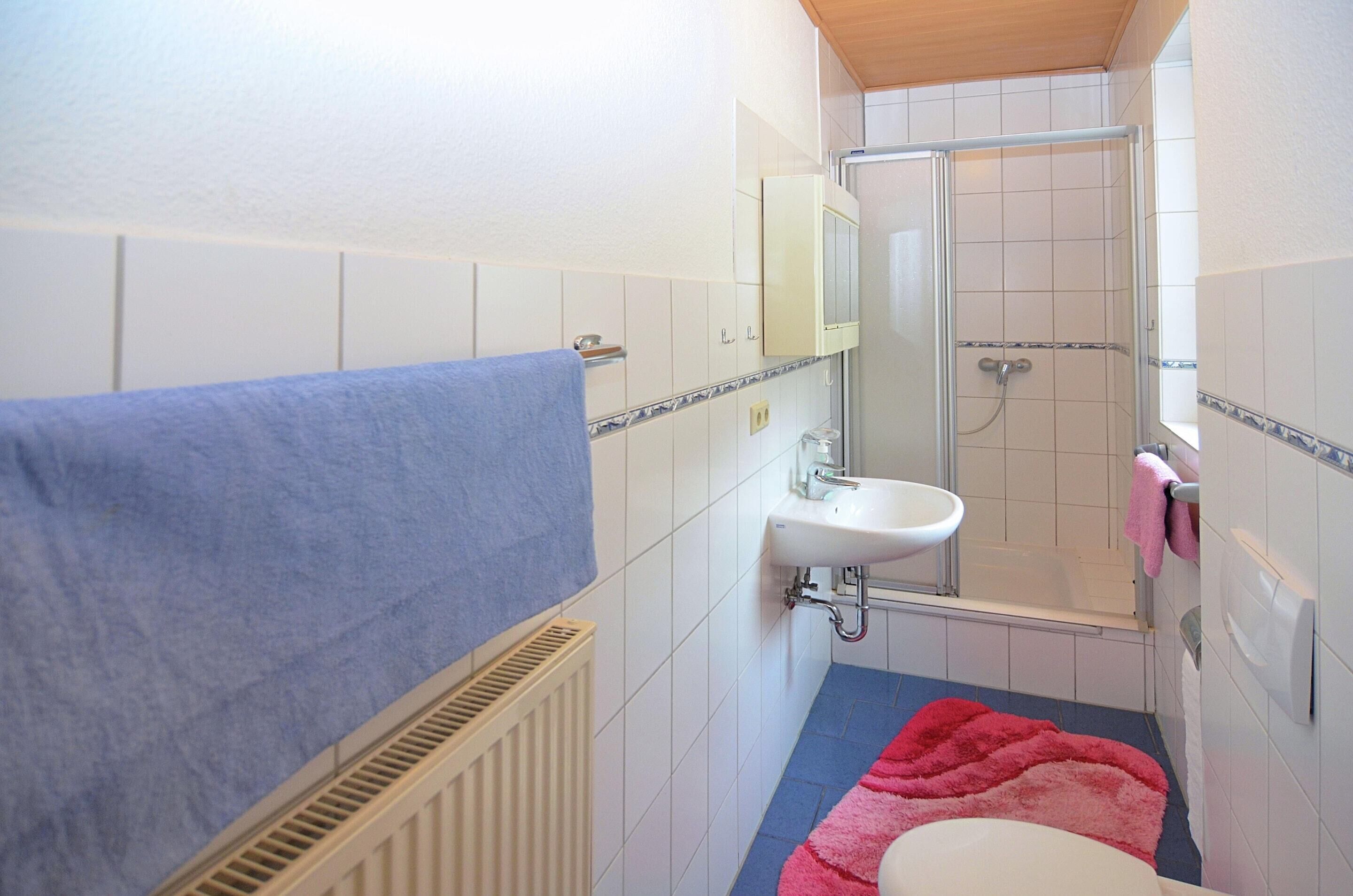 Un baño con un lavamanos blanco, una mampara de ducha de vidrio, una toalla azul y un tapete de baño rojo.
