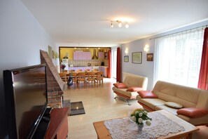 Comfort House, 4 Bedrooms | Living room | Fireplace - Cottage in a Quiet Location by the Lake Mausz, Parchowo in Kashubia (Parchowo)