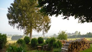A rural landscape with a large tree, a stack of firewood, and a small wooden structure. - Cosy Apartment in Mantignana With Private Terrace (Corciano)