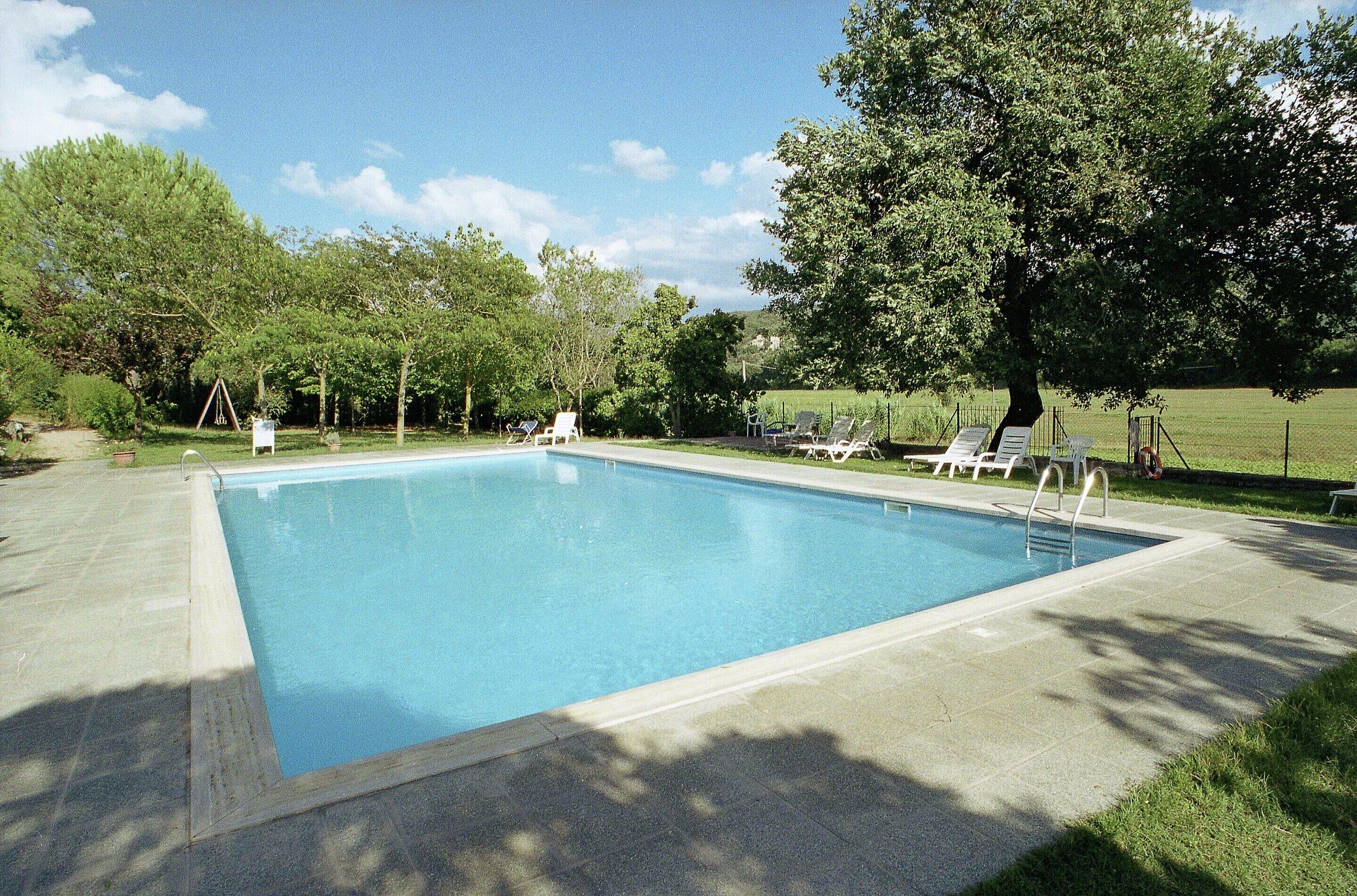 A rectangular swimming pool with a concrete deck, surrounded by trees and grass.
