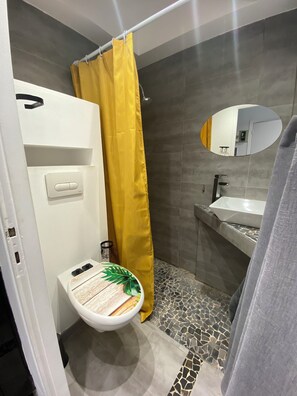 Chuveiro, secador de cabelo, toalhas de banho, sabonete