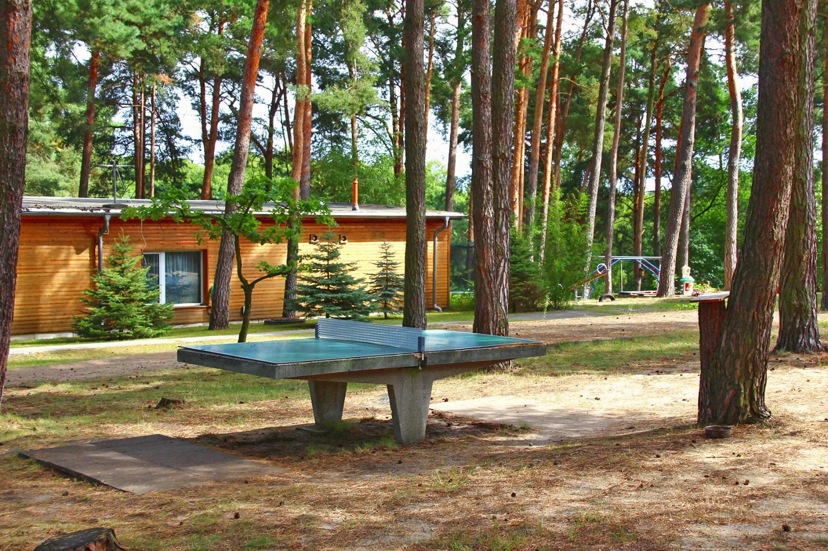 Ett bordtennisbord i ett skogsområde med en träbyggnad i bakgrunden.