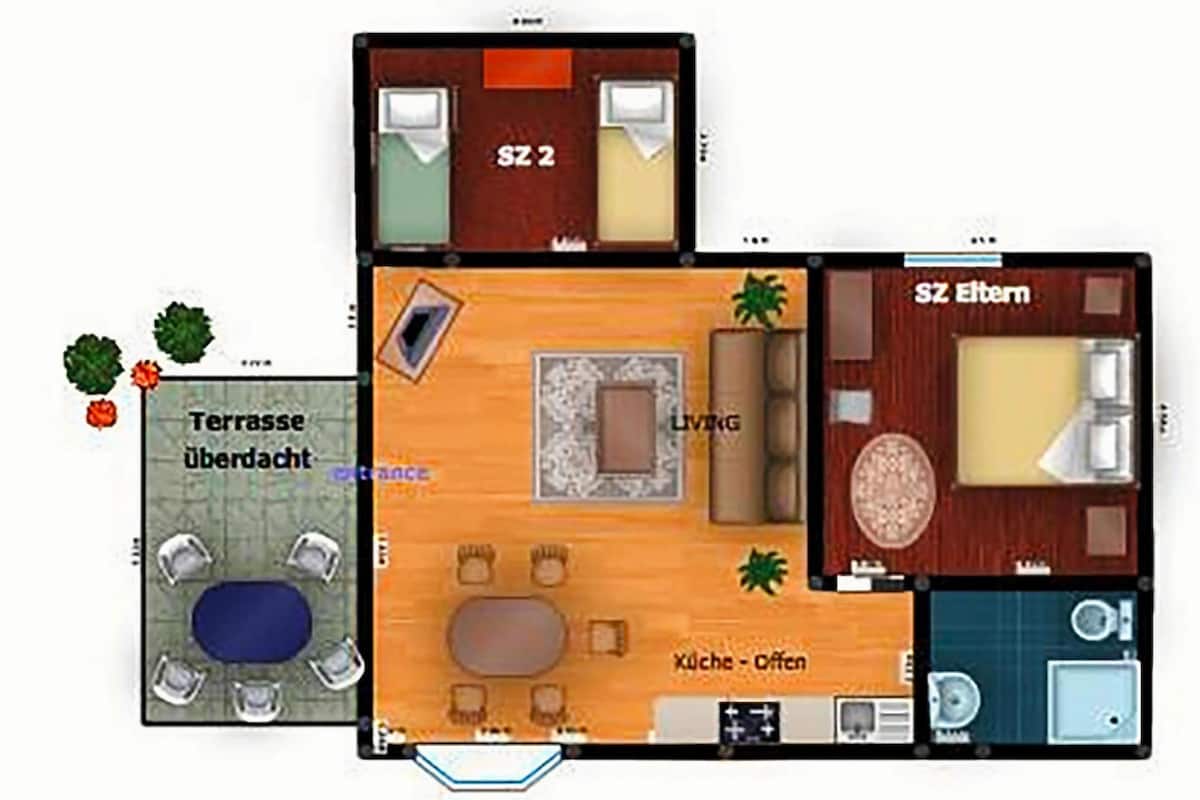 A hotel layout with a terrace, living area, kitchen, and two bedrooms.
