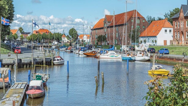 En hamn med förtöjda båtar, en bro och byggnader med röda tak.