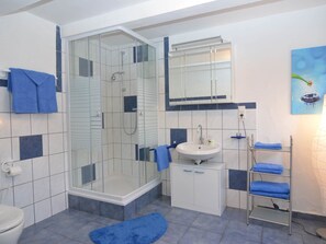 Bathroom features a glass-enclosed shower, sink, and mirror.