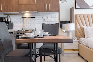 Fridge, microwave, stovetop, toaster