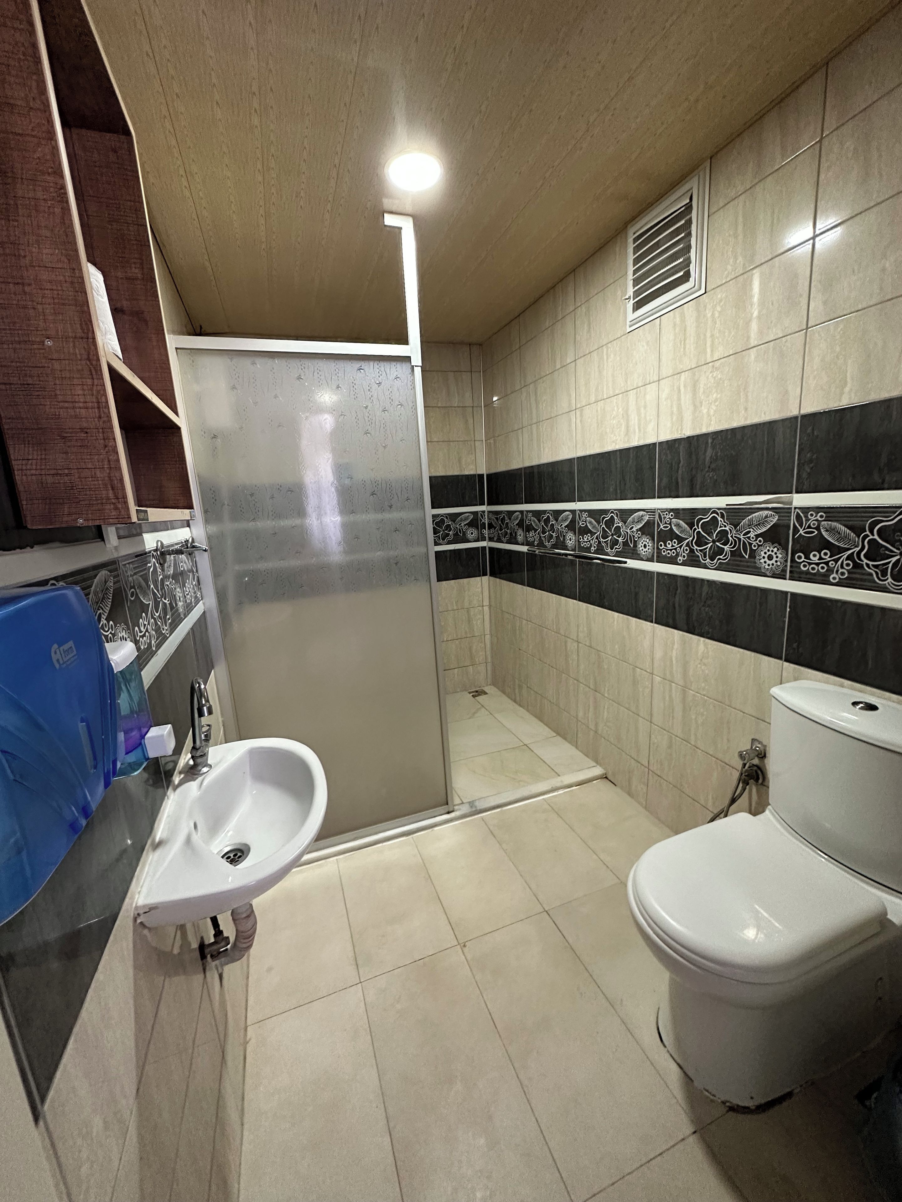 Un baño con lavamanos, inodoro y zona de ducha.