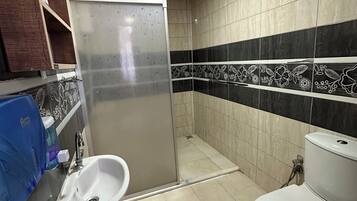 Un baño con lavamanos, inodoro y zona de ducha.