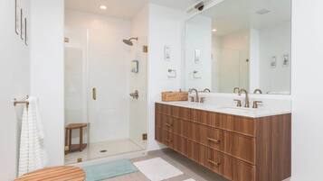 Shower, free toiletries, hair dryer