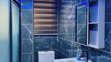 Shower, towels, soap, toilet paper