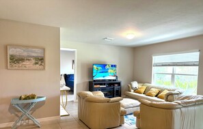 Smart TV, chimenea, libros y monitor de computadora 