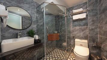 Shower, free toiletries, hair dryer, bathrobes