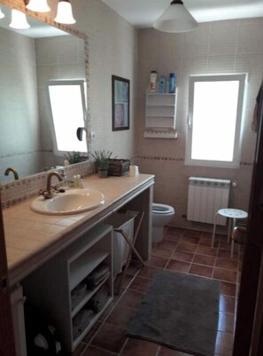 Hair dryer, towels, soap, toilet paper