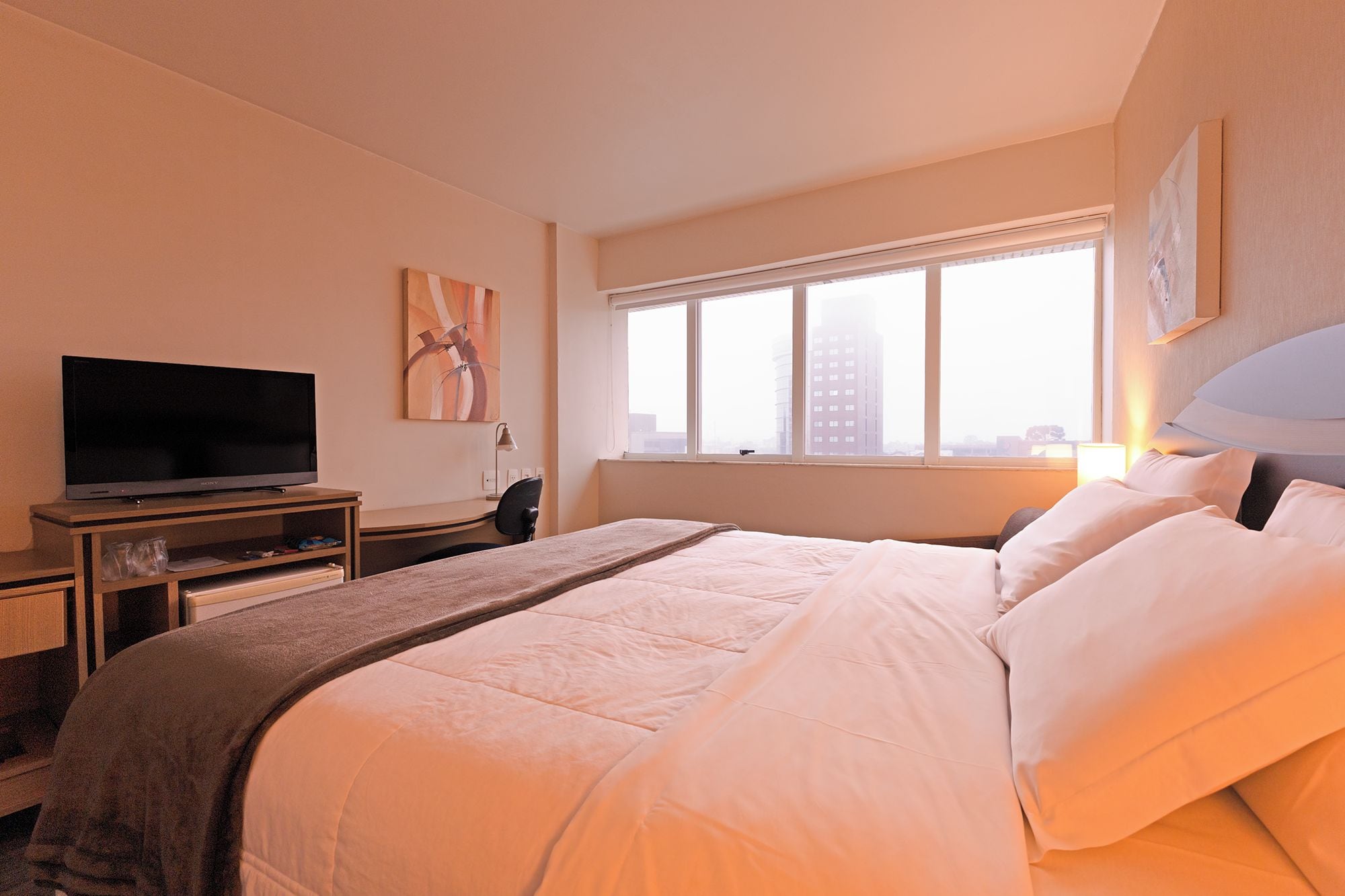 A hotel room with a bed, a TV, a desk, and a window with a city view.