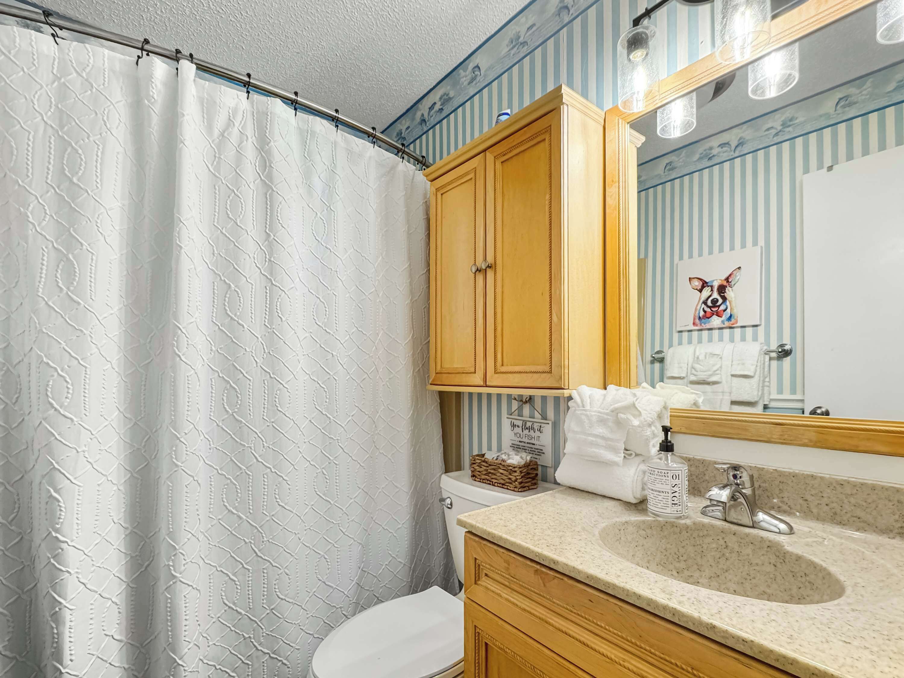 A bathroom with a shower curtain, wooden cabinets, a sink with a soap dispenser, a towel rack, and a mirror with lights.
