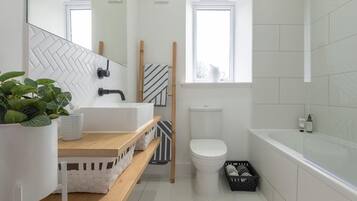 Hair dryer, towels, soap, toilet paper