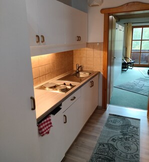 Een kookplaat, een koffiezetapparaat/waterkoker, een waterkoker