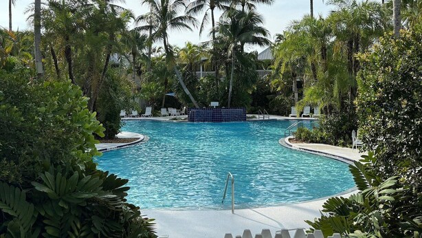 A pool surrounded by palm trees and a white picket fence. - Cabana at the Golf Club-Monthly Rental Charming 2- (Key West)
