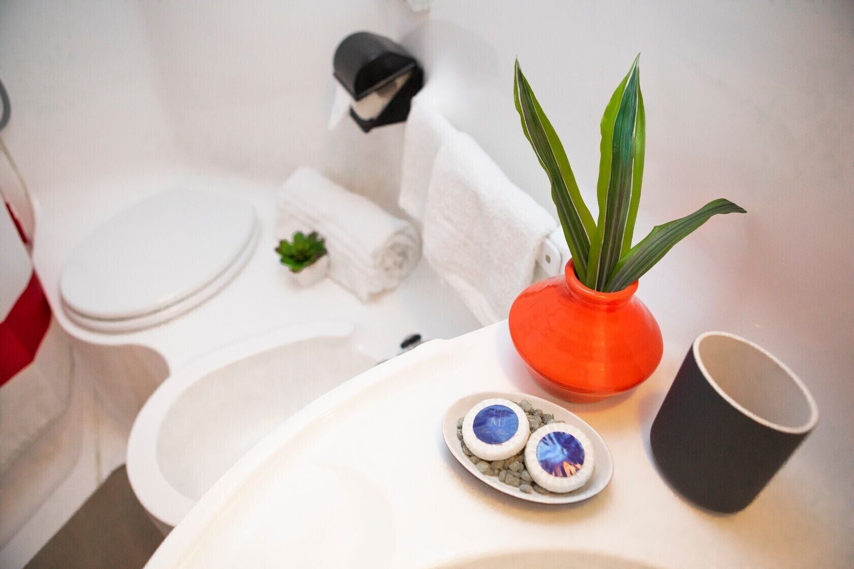 Et badeværelse med et hvidt toilet, en lille potteplante, en kop og en skål med pynt.