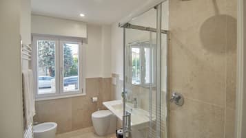Shower, hair dryer, bidet, towels