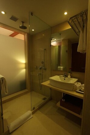 Habitación Deluxe | Baño | Amenidades de baño gratuitas, pantuflas, toallas, jabón 