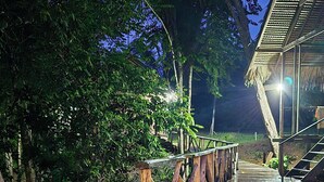 A wooden pathway leading to a building with a thatched roof, surrounded by dense foliage. - Pousada Cabana Nativa Paraíso (Careiro)