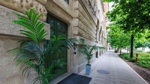 Une façade d’immeuble avec un revêtement en pierre, une porte verte et des plantes en pot.