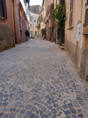 A cobblestone street lined with historic buildings, narrow passageway, and no visible amenities. - HISTORIC MEDIEVAL 2-bedroom townhome in MAGICAL Tuscania (Tuscania)