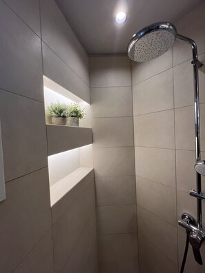 Shower, hair dryer, towels, soap - SeaNfinity Spotless, 1BR Apt with Beach View (Nea Palatia)