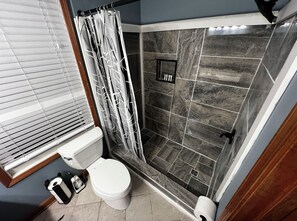 Shower, jetted tub, hair dryer, towels