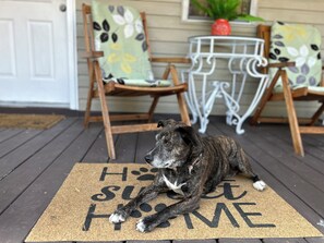 Un perro acostado sobre un felpudo con la inscripción 'Home Sweet Home' en una terraza de madera.