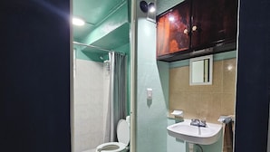 A bathroom with a toilet, sink, and shower area. - Departamento Centro Escolar (Tehuacán)